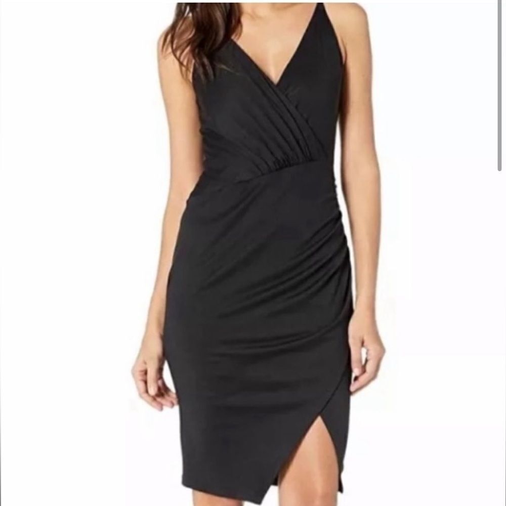 Susana Monaco Gathered Front Slit Black Faux Wrap Dress SIZE XS